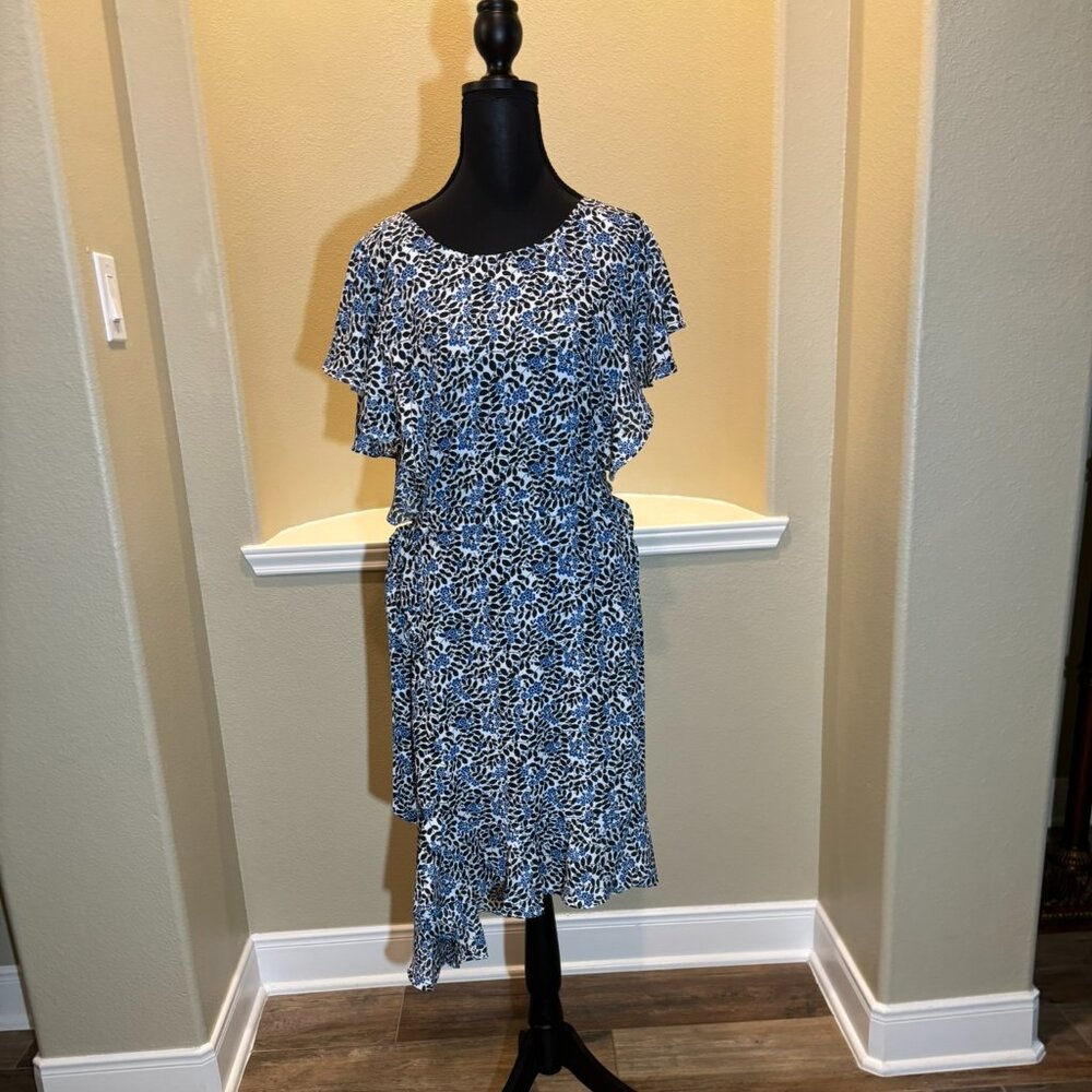💙NWT Max Studio Cottagecore Ruffle Floral Midi Blue White Black Dress Size 1X